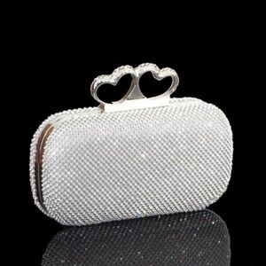 Rhinestone Evening Clutch Silver Crystal Heart Clasp Formal Wedding Bag